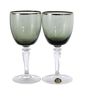 Sasaki Glass Silver Rim Grey Wine Glasses 6" set/2 toasting mid century modern